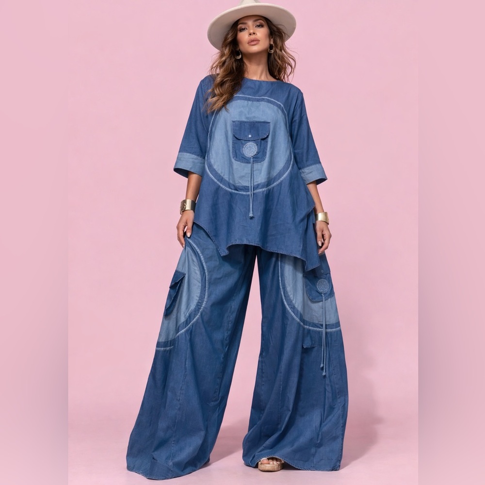 Advance Apparels Two-Piece Blue Patchwork Tunic and Wide-Leg Pants
